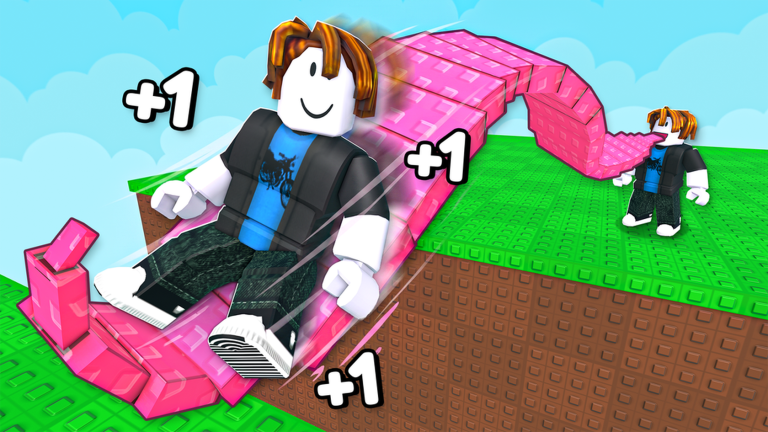 A Roblox avatar crossing a bright pink tongue bridge between green platforms